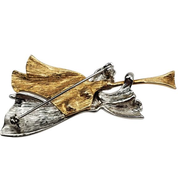 Liz Claiborne Angel Trumpet Brooch Gold & Silver Vintage Pin Playing Horn - Picture 5 of 5